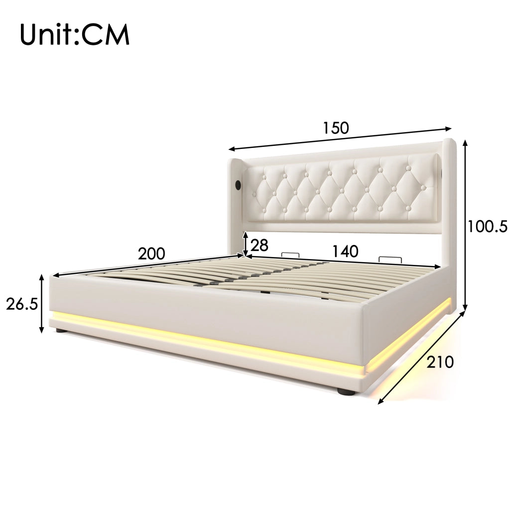 Letto contenitore matrimoniale 140×200 cm con LED; USB Type-C; testiera imbottita; materasso incluso; PU; bianco