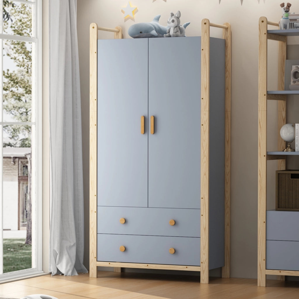 Armadio con 2 ante, 2 cassetti e appendiabiti, con libreria a 3 ripiani, in legno e MDF, per camera e ingresso