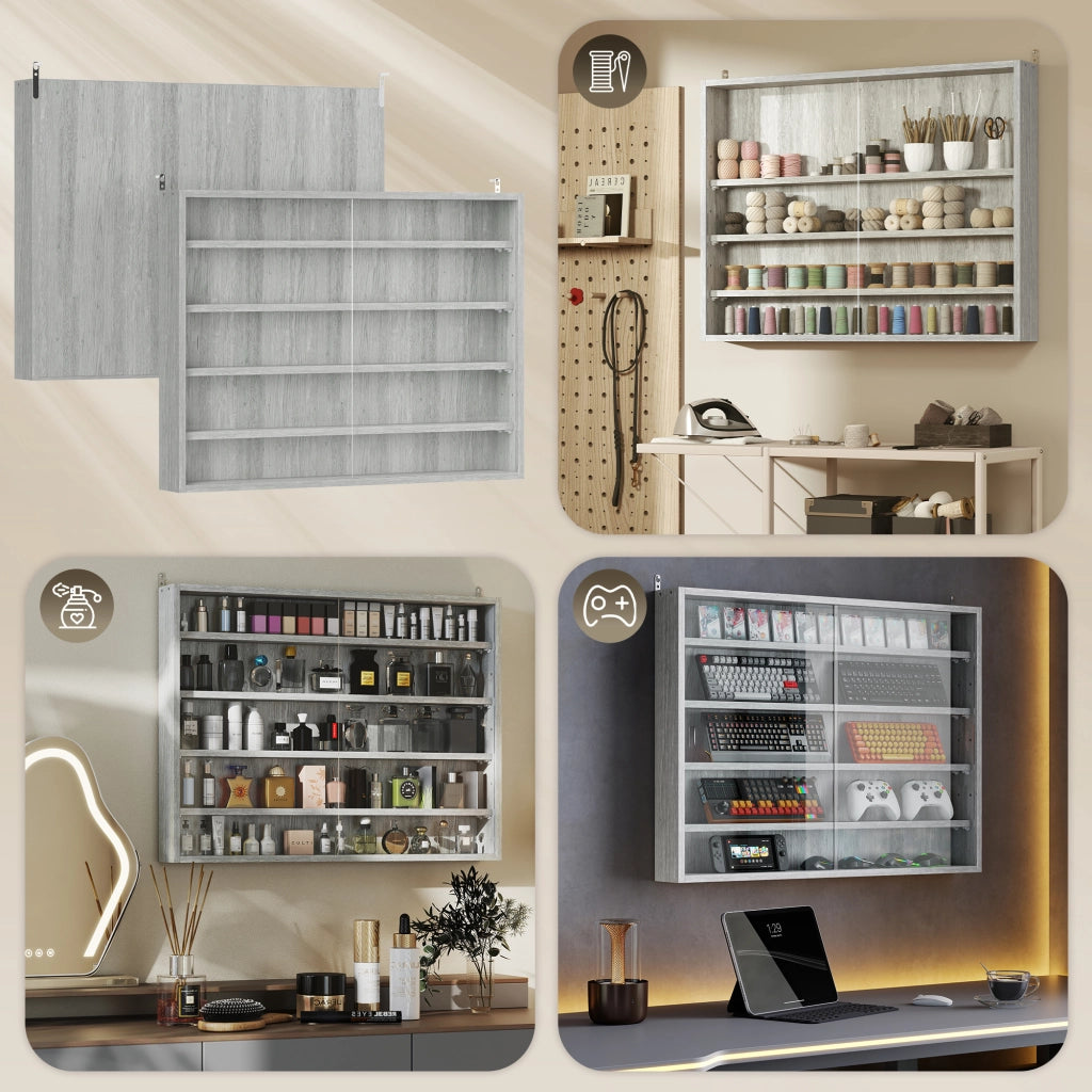 Libreria a 4 Ripiani Regolabili in Legno con Ante in Vetro ¨C Zephmum ¨C Grigio 80x60x9.5 cm