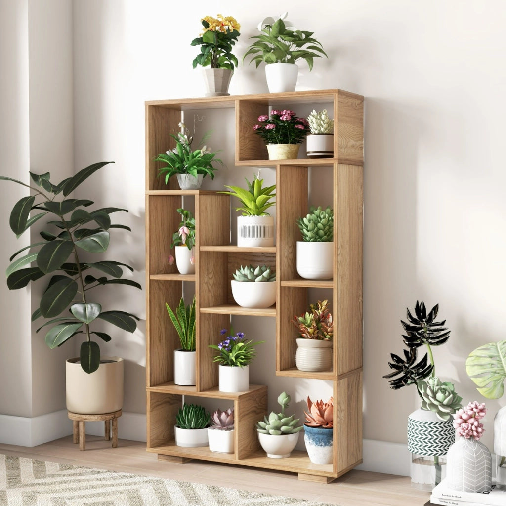Scaffale per libri alto 120cm con ripiani aperti-Libreria geometrica con kit anti-ribaltamento per casa ufficio Naturale