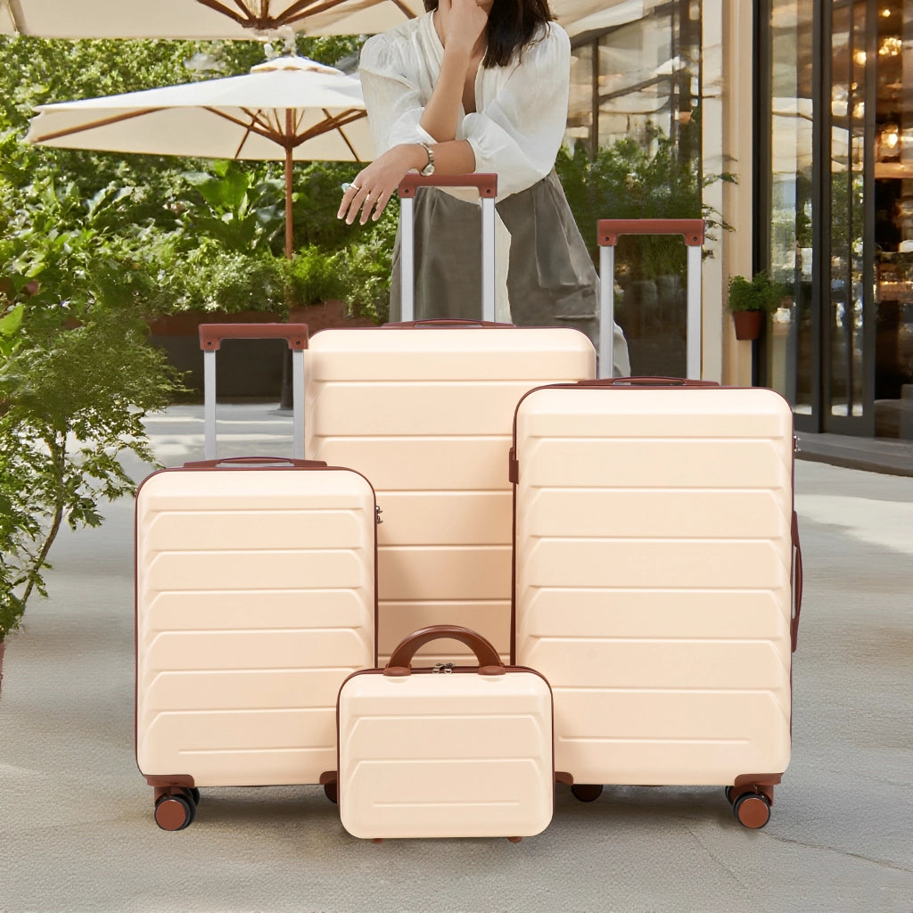 Set di 4 valigie rigide con ruote girevoli a 360 gradi e manico telescopico a 3 livelli in ABS beige con beauty case