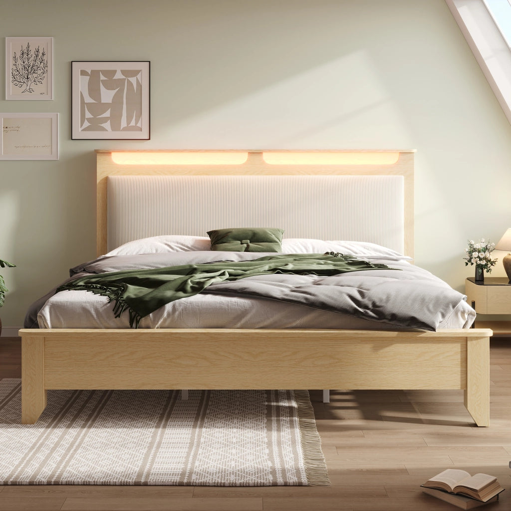 Letto matrimoniale in legno - Zephmum- 160¡Á200cm- Quercia chiara- Testiera con LED e ripostiglio