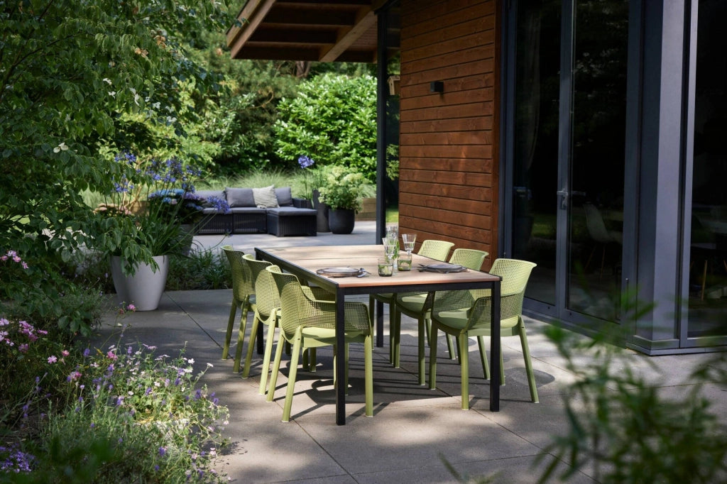 Tavolo da esterno Sarnia, Base per picnic, Piano da pranzo da giardino, Banco outdoor multiuso, 200x95 h75 cm, Rovere e Antracite