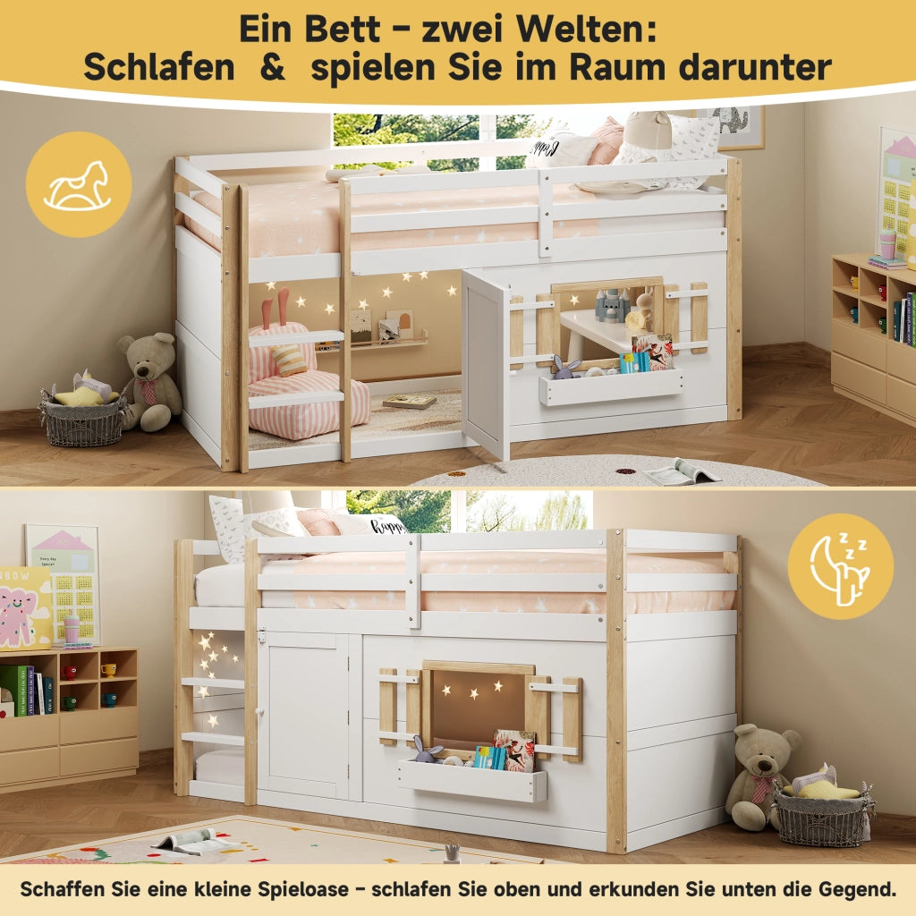 OKWISH Letto a Soppalco 90×200 cm, Letto Singolo con Scala e Spazio Gioco Modulare, senza Materasso, in Legno Massello, Bianco