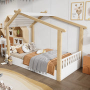 Letto per bambini a forma di casetta 90x200 cm, legno bianco e naturale, con reti a doghe stabili, struttura in pino, truciolare e MDF