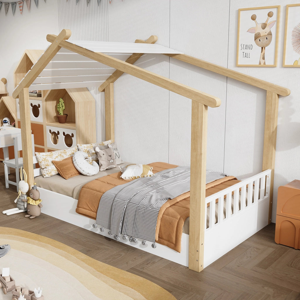 Letto per bambini a forma di casetta 90x200 cm, legno bianco e naturale, con reti a doghe stabili, struttura in pino, truciolare e MDF