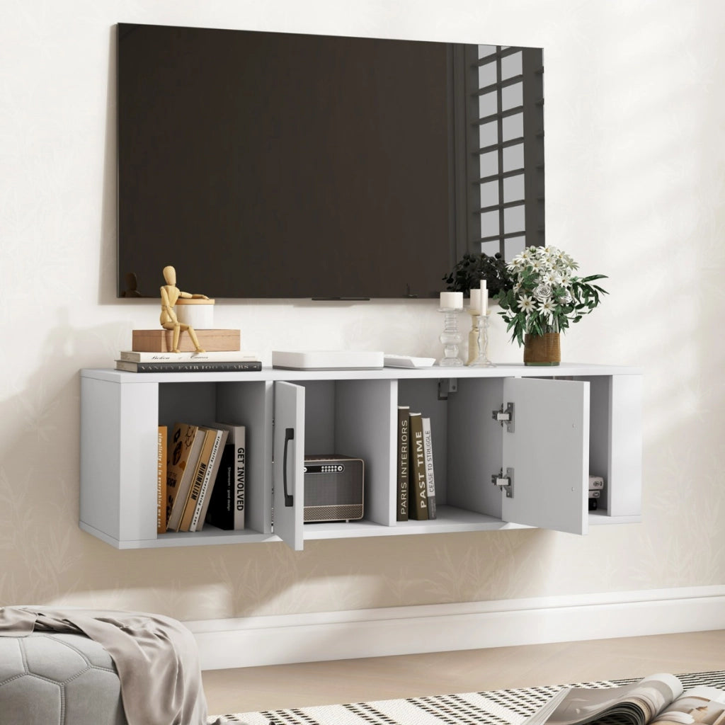 Libreria a parete con 2 cubi e mobile per console multimediale per soggiorno, Armadietto sospeso a 2 ante Bianco