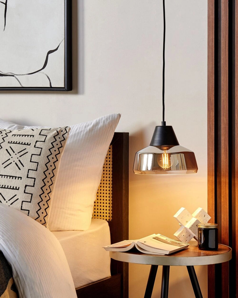 Lampada a sospensione in vetro nero e argento con paralume fumé Illuminazione moderna per la camera da letto e il soggiorno