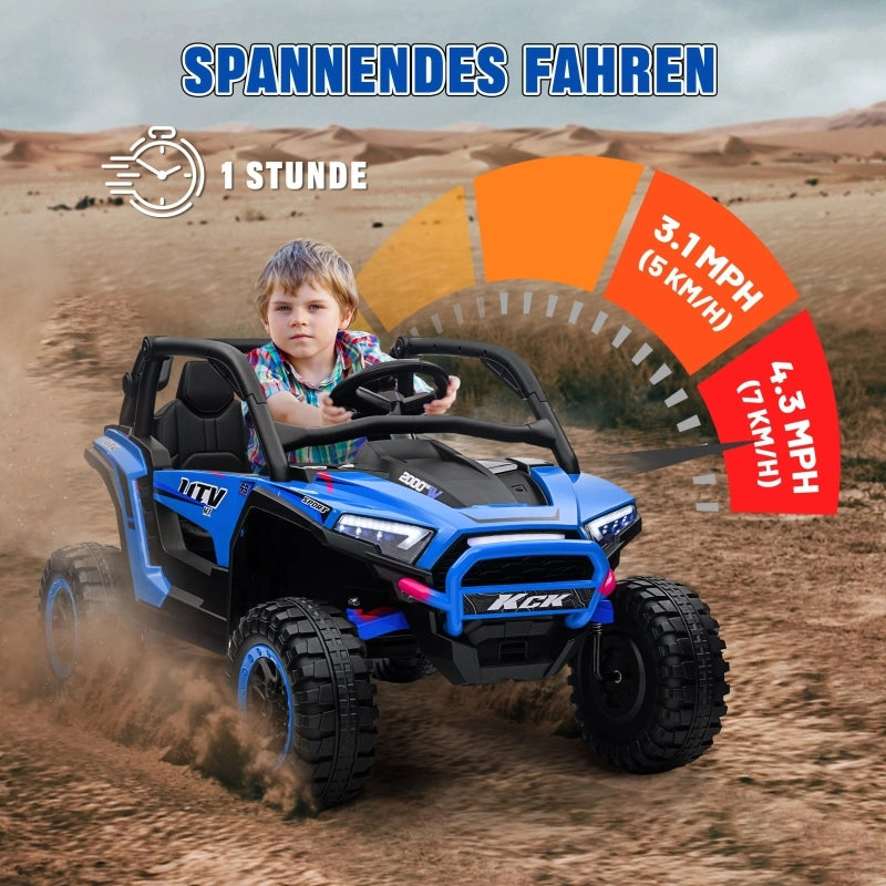 UTV elettrico per bambini, 5-7 km/h, 2 posti, telecomando, musica, luci, 1 ora di autonomia, blu