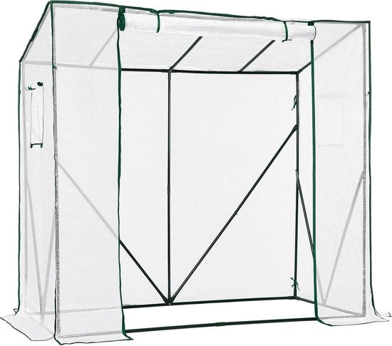 Tomatenkas, foliekas, tomatenkas balkon, tomatenkas, stabiel, 200 x 77,5 x 149/170 cm, met PE roosterfolie en verrekijker, schuin dak, tuin, wit