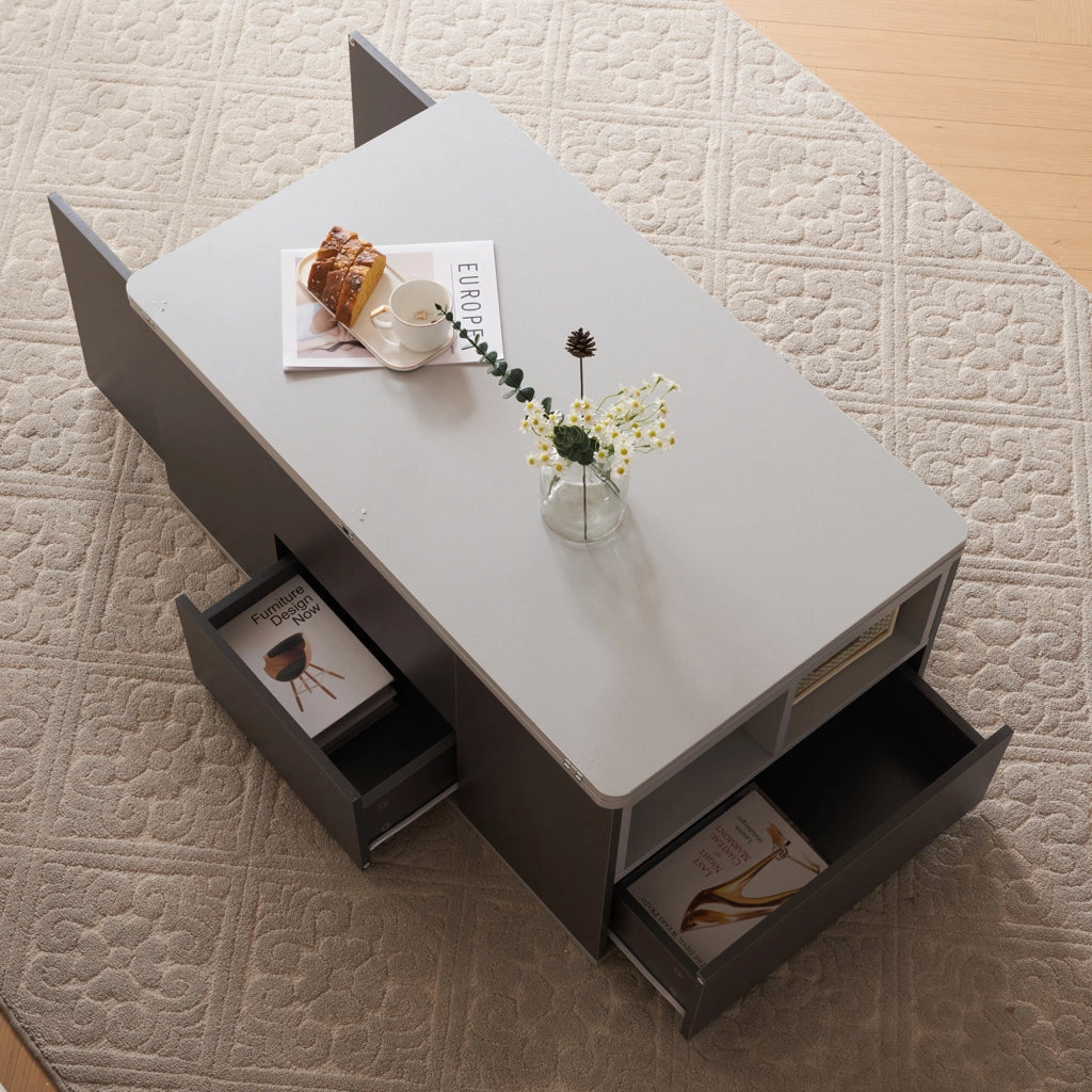 Tavolino da caffè con piano alzabile; 2 cassetti e vani aperti - per soggiorno - 100x51x47 cm - grigio