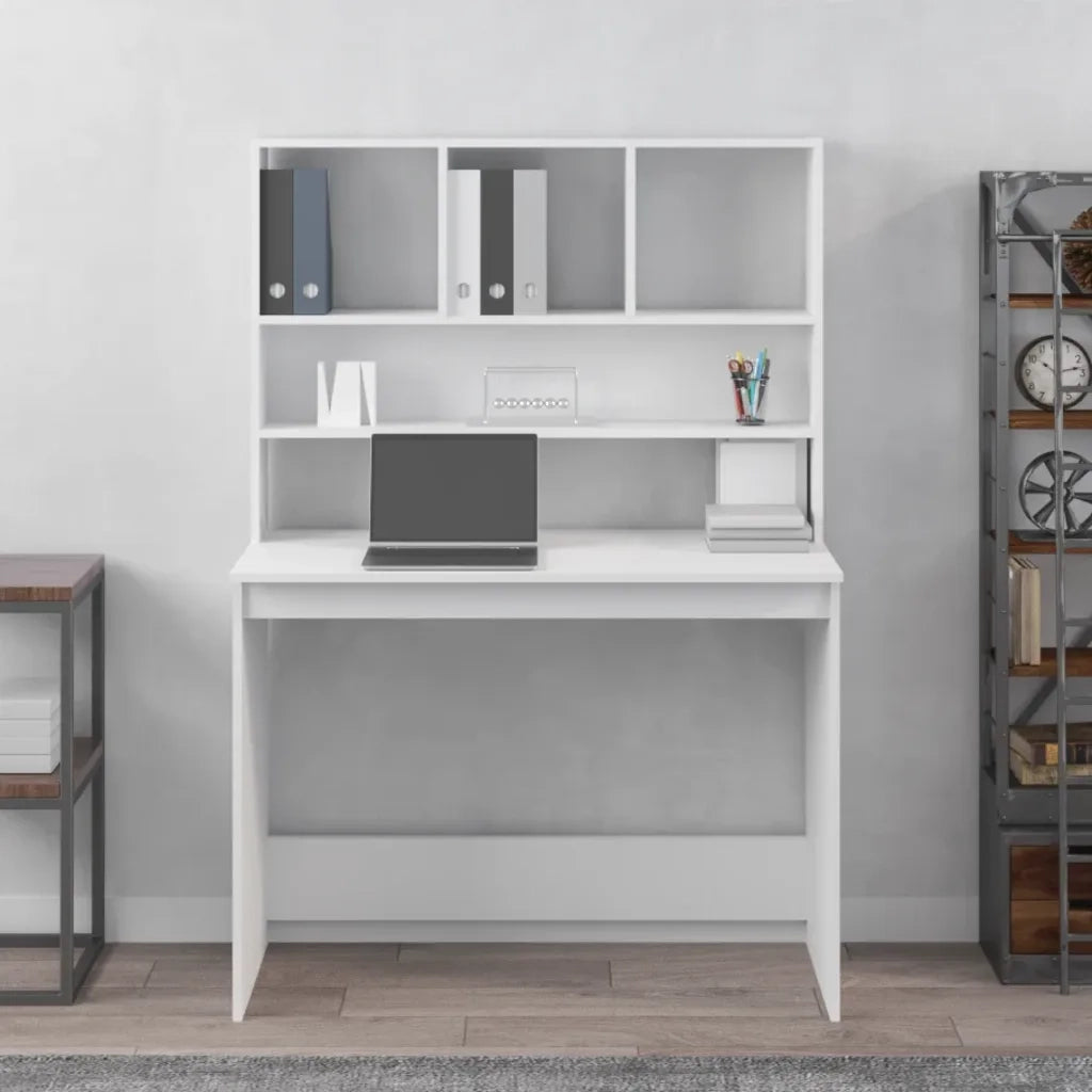 Scrivania | Tavolo da Ufficio con Mensole Bianca 102x45x148 cm in Legno Multistrato