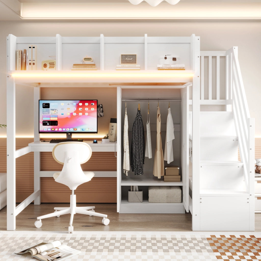 Letto a soppalco 90x200 con scrivania, armadio e scala contenitiva