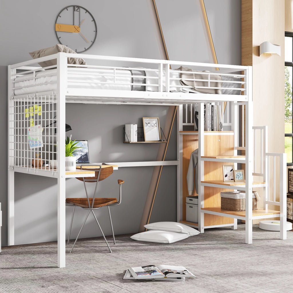 OKWISH Letto a Soppalco 90×200 cm, Letto Singolo con Scala Laterale, Scrivania e Armadio, senza Materasso, in Metallo e MDF, Bianco Naturale