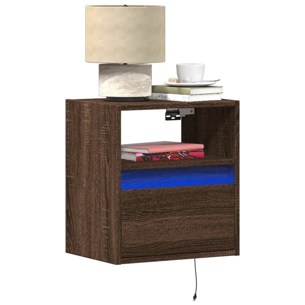 Set di 2 Comodini | Armadio da Notte | Mobiletto da notte a Parete con luci LED Rovere Marrone