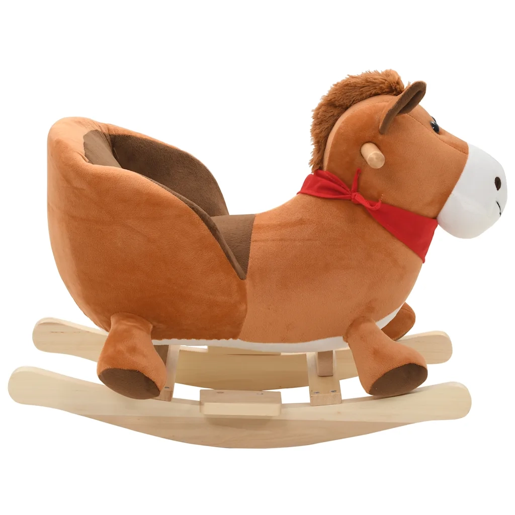 Cavallo a Dondolo con Schienale in Peluche 60x32x50 cm Marrone CFW1347745
