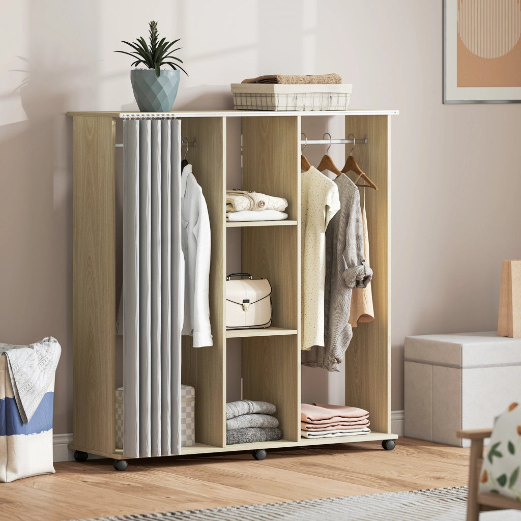 Armadio guardaroba mobile con ante e cassetti ¨C Xylo ¨C legno naturale 120x40x128cm con 6 ruote