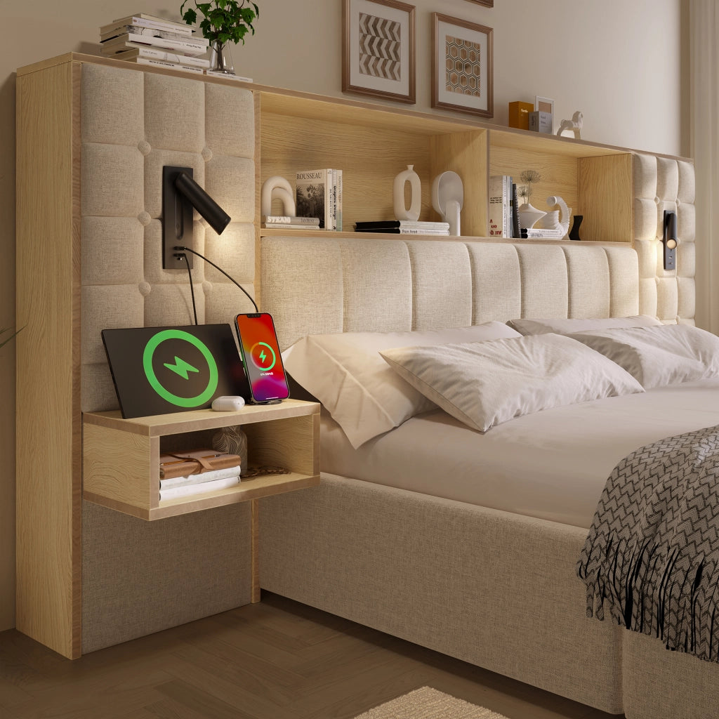DESMIU Lit coffre 180 × 200 cm 2 posti con lampade da lettura, USB e Type-C, senza materasso, beige