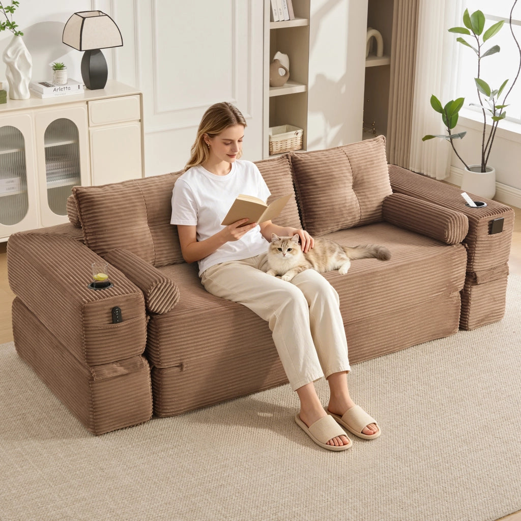 Divano Letto 3 Posti Pieghevole con Cuscini e Tasche ¨C MINIMAL ¨C Tessuto a Coste