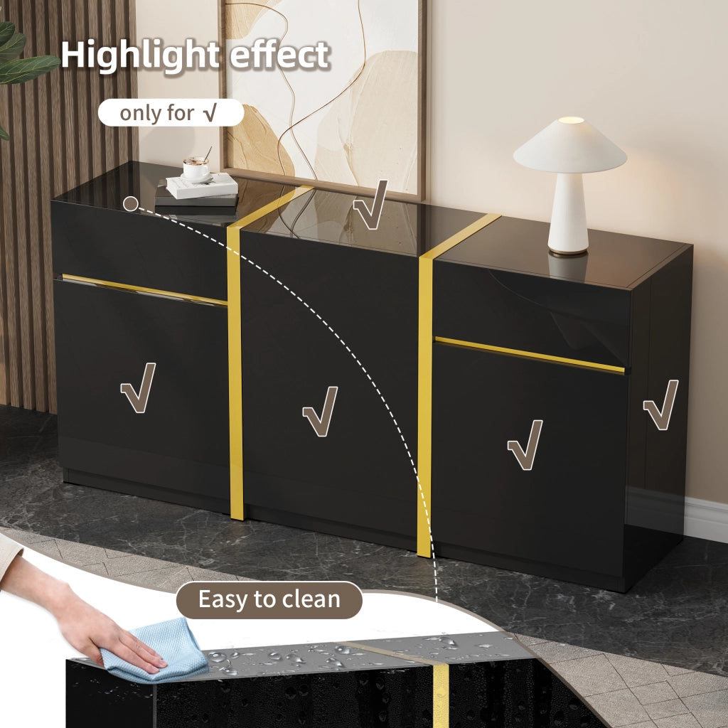 Credenza lucida, 3 ante e 2 cassetti, mobile da ingresso, finiture dorate, nero