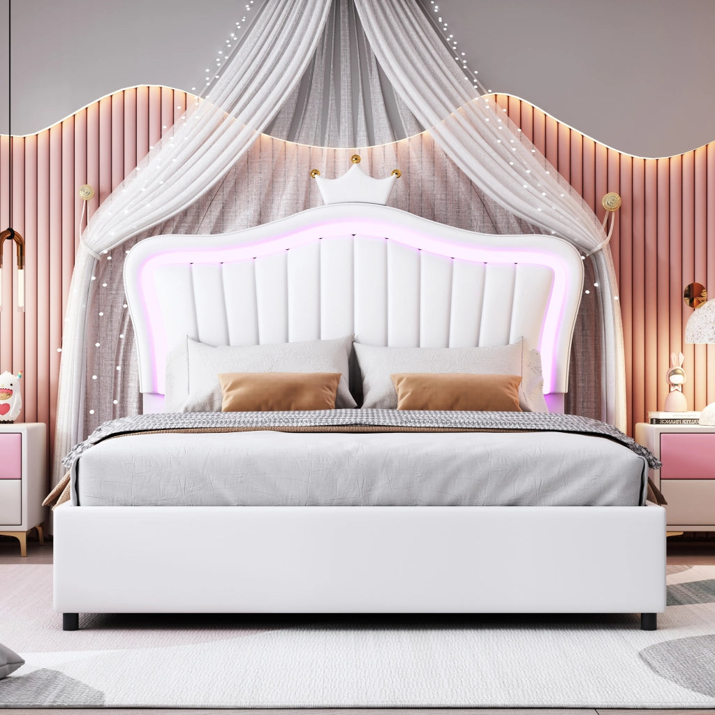LETTO IMBOTTITO 140x200 cm Bianco con LED e contenitore idraulico