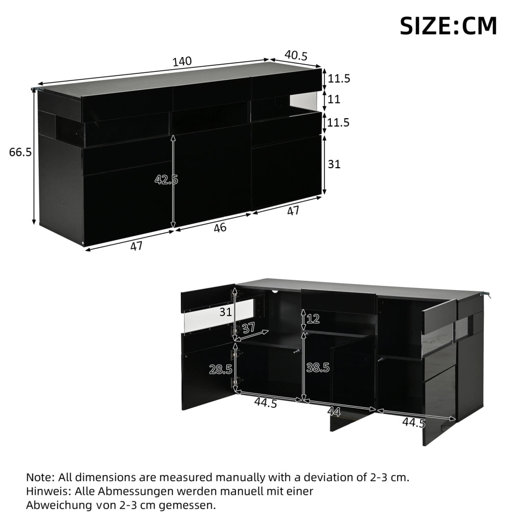 Madia da soggiorno 140 x 40;5 x 66;5 cm con 3 ante; LED controllato da app; nero lucido