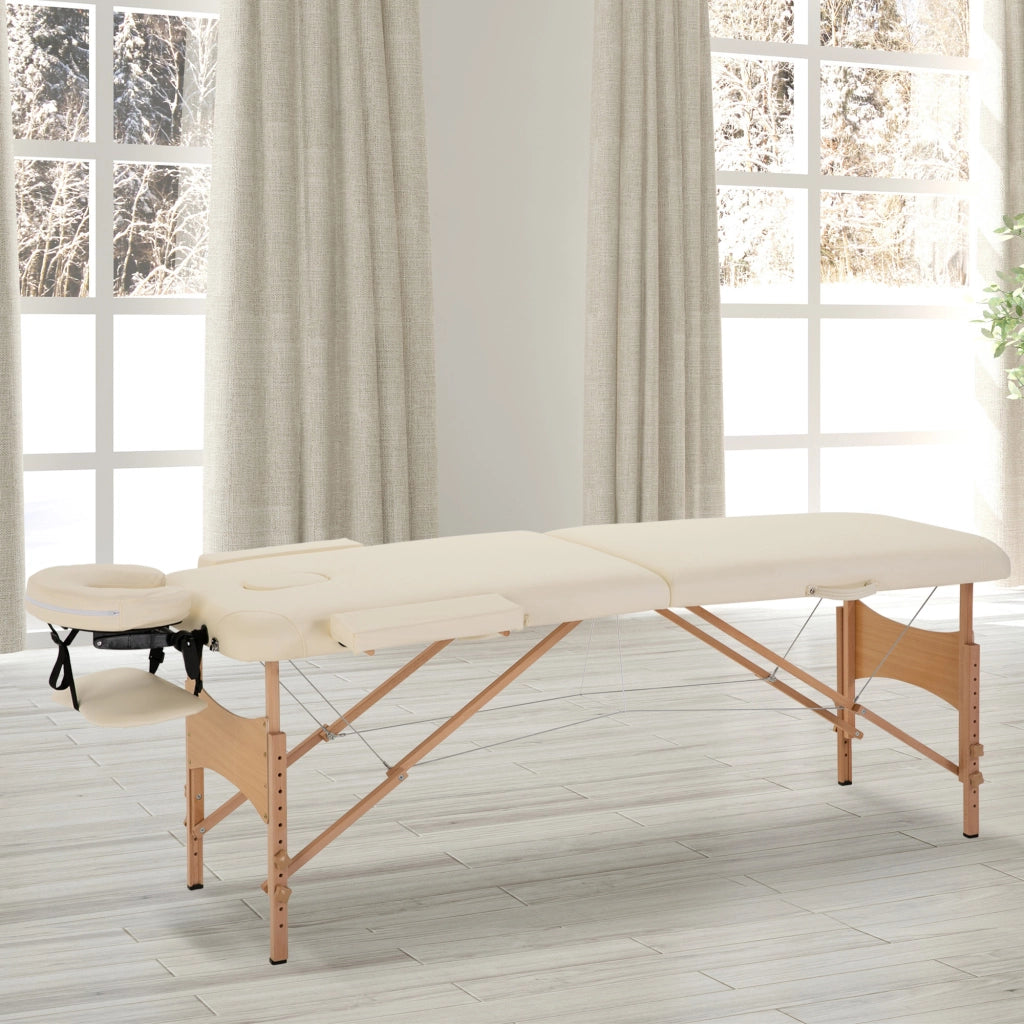 Lettino da massaggio pieghevole ¨C Xylo ¨C regolabile in altezza, ecopelle, legno, bianco crema