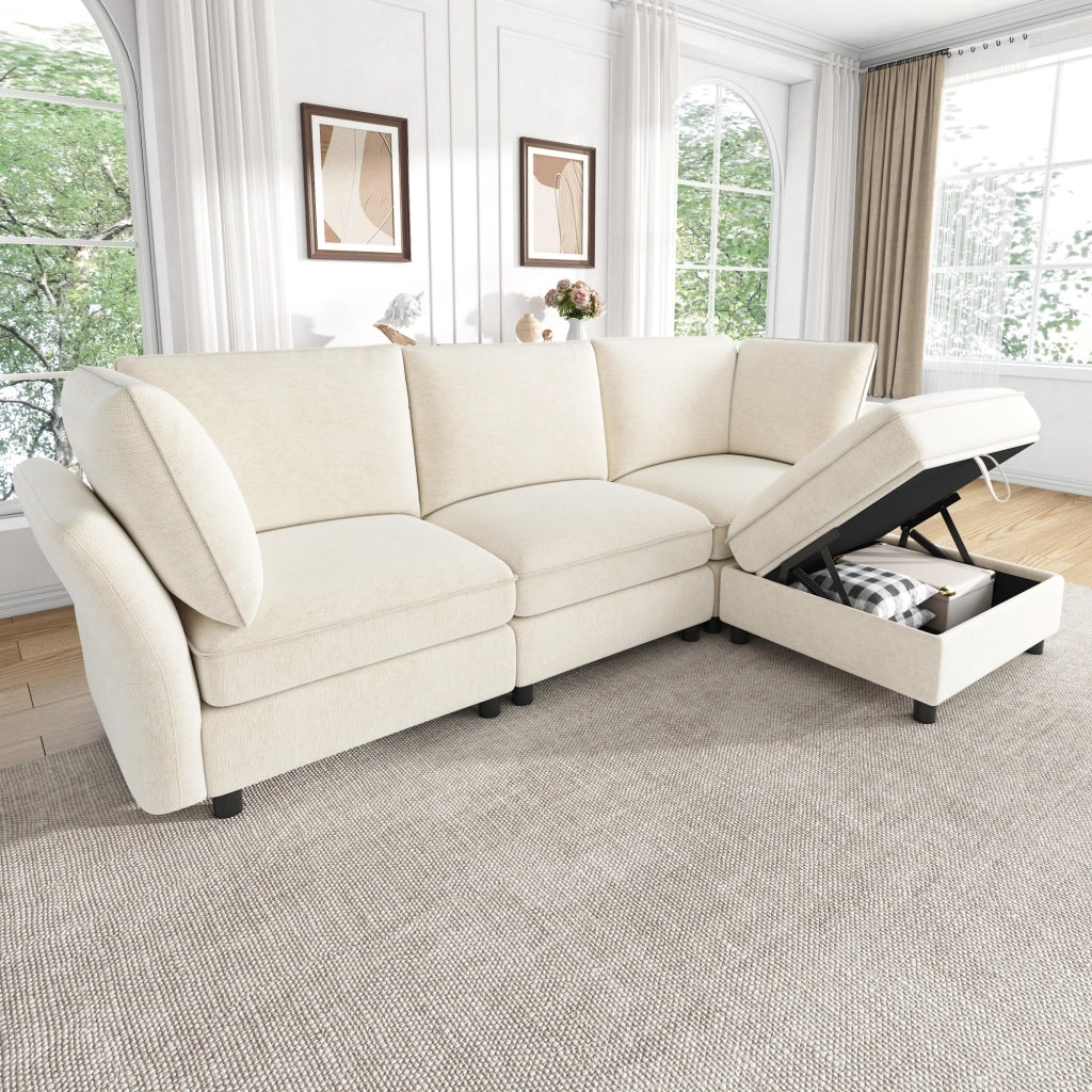 Divano ad angolo modulare 4 posti con pouf contenitore e 2 cuscini, in Chenille, Beige