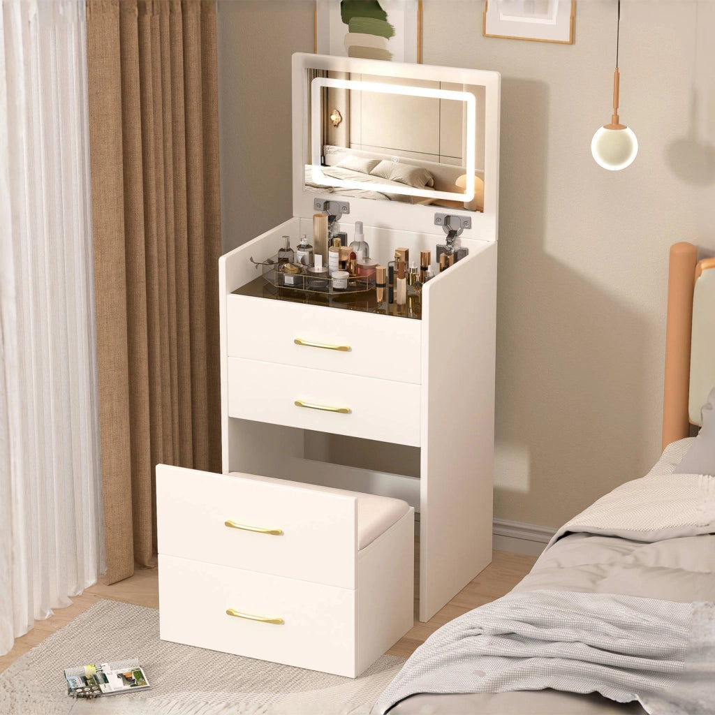Tavolo da toeletta 3-in-1 con specchio aperto; piano vetro trasparente; 3 cassetti; compatto per camera; Bianco; B60×H118×P40cm