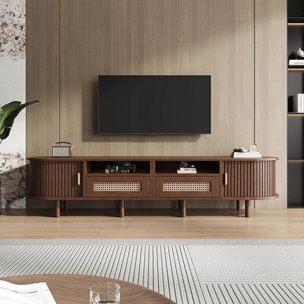 Mobile TV Ovale 170x40x40cm - Xylo - 2 Cassetti in Vimini, 2 Ante Scorrevoli, Noce