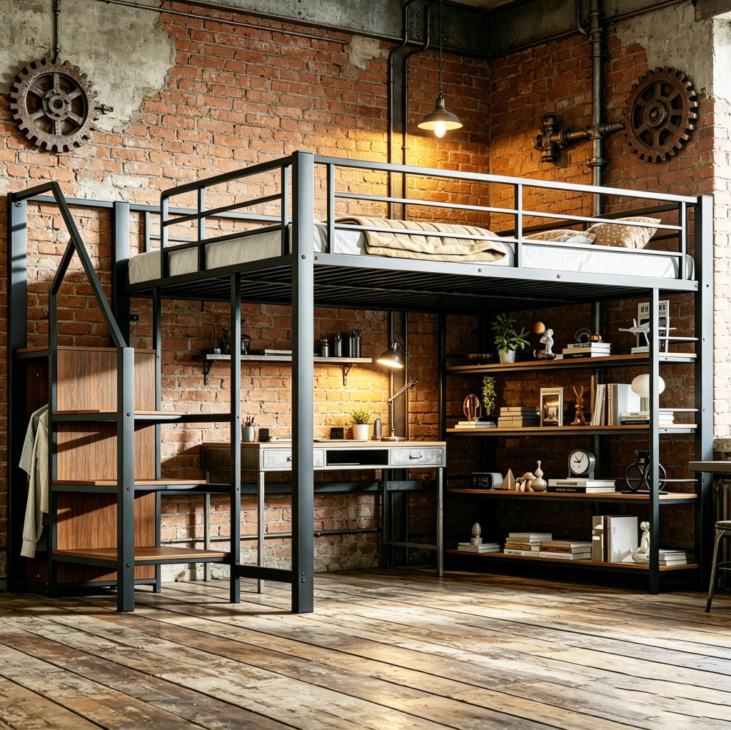 Letto a soppalco 140x200 con scala contenitore, guardaroba e ripiani