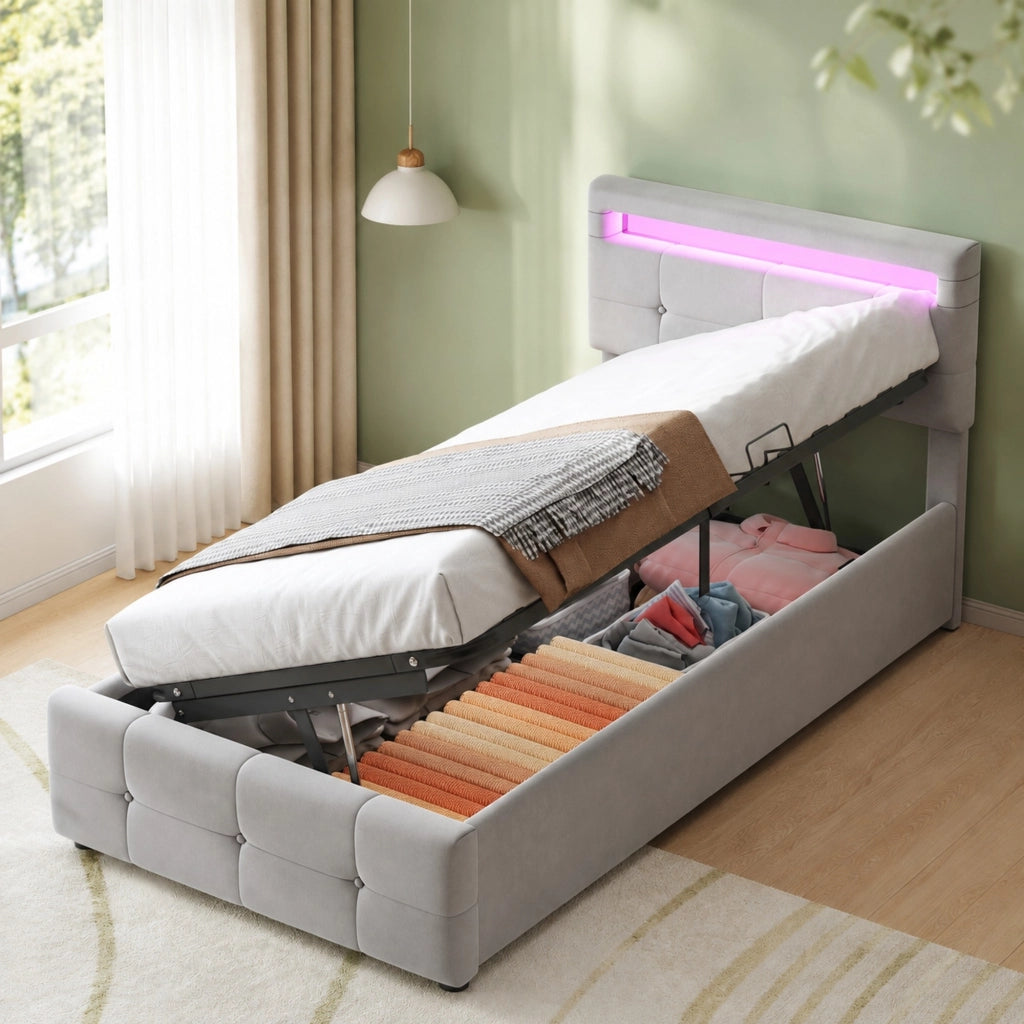 DESMIU Letto contenitore 90 × 200 cm 1 posto con LED, vano idraulico, testiera regolabile, senza materasso, in velluto, grigio