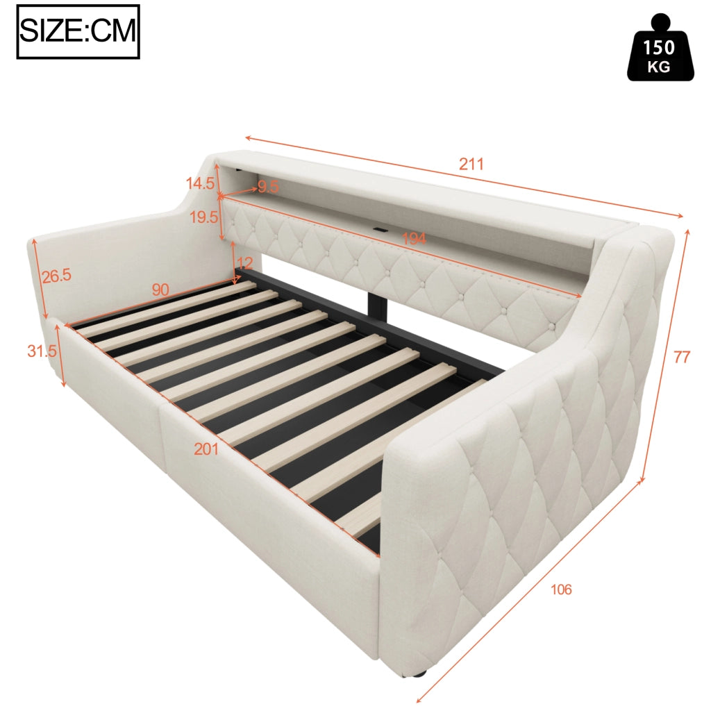 LETTO 90x200 cm con LED e contenitore idraulico, lino beige, USB e Tipo C