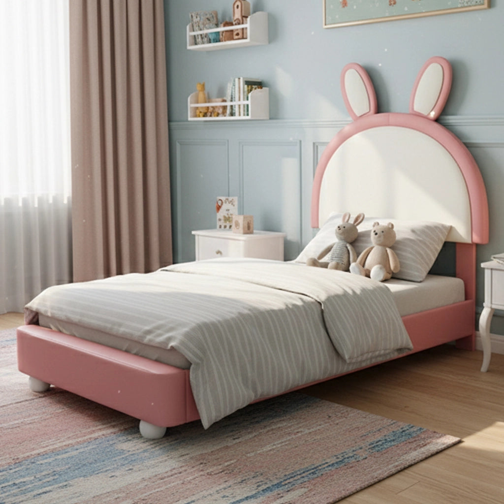 LETTO imbottito 90x200 cm in PU Rosa con testiera a forma di coniglio e LED