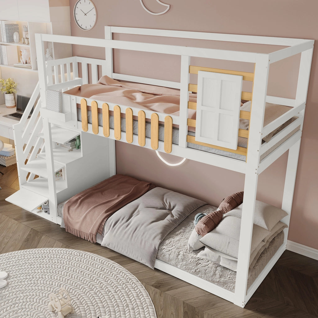 Letto a castello con scala e finestra - Zephmum- 90x200cm bianco, scaffali e cassetti