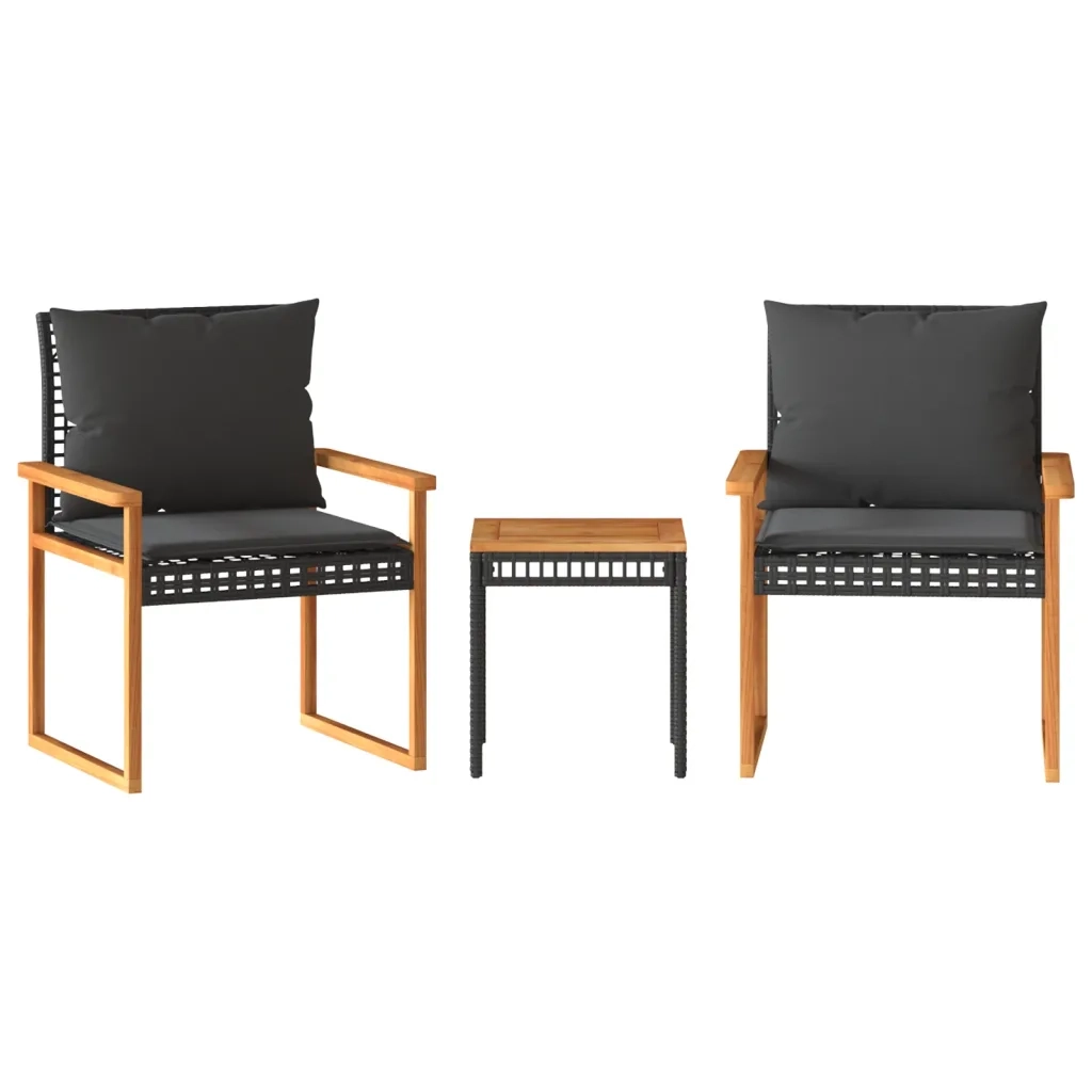 Set da Bistr¨° 3 pz | Set Salotto da Giardino con Cuscini Nero Polyrattan e Legno Acacia