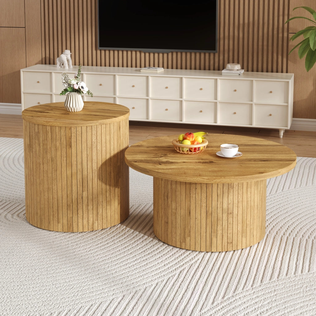 Tavolini da Salotto Impilabili Rotondi con 2 Tavoli e Vano Contenitore Stile Nordico per Soggiorno MDF Naturale