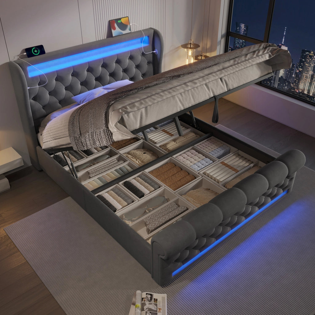 Letto imbottito con LED e porta USB Type-C, contenitore idraulico, 140x190 cm, grigio