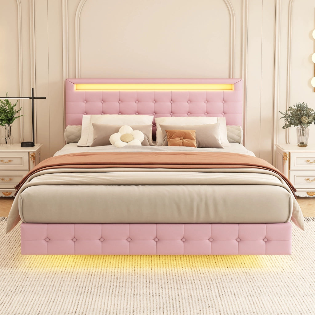 Letto Imbottito con LED e Testiera Regolabile ¨C MINIMAL ¨C Rosa 140x200