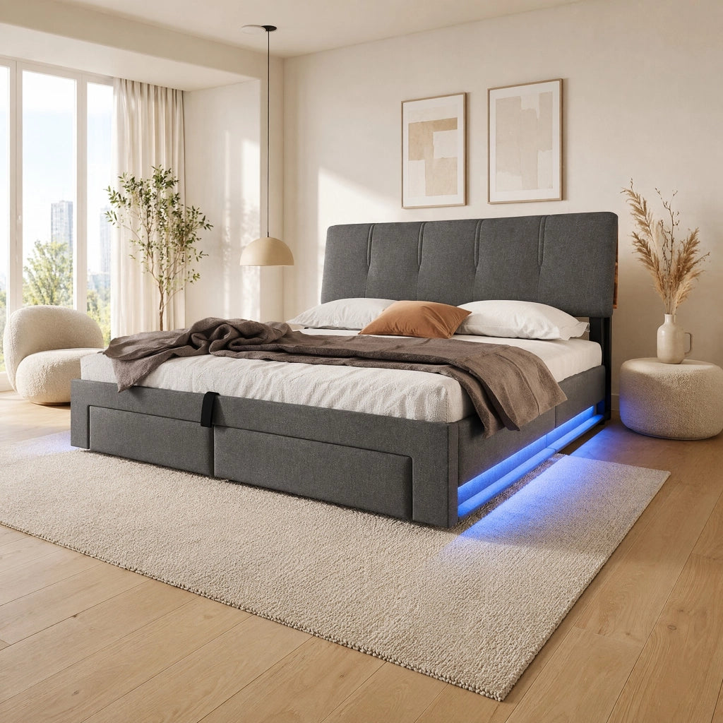 LETTO Contenitore 140x200 cm Grigio in lino con USB e Type-C
