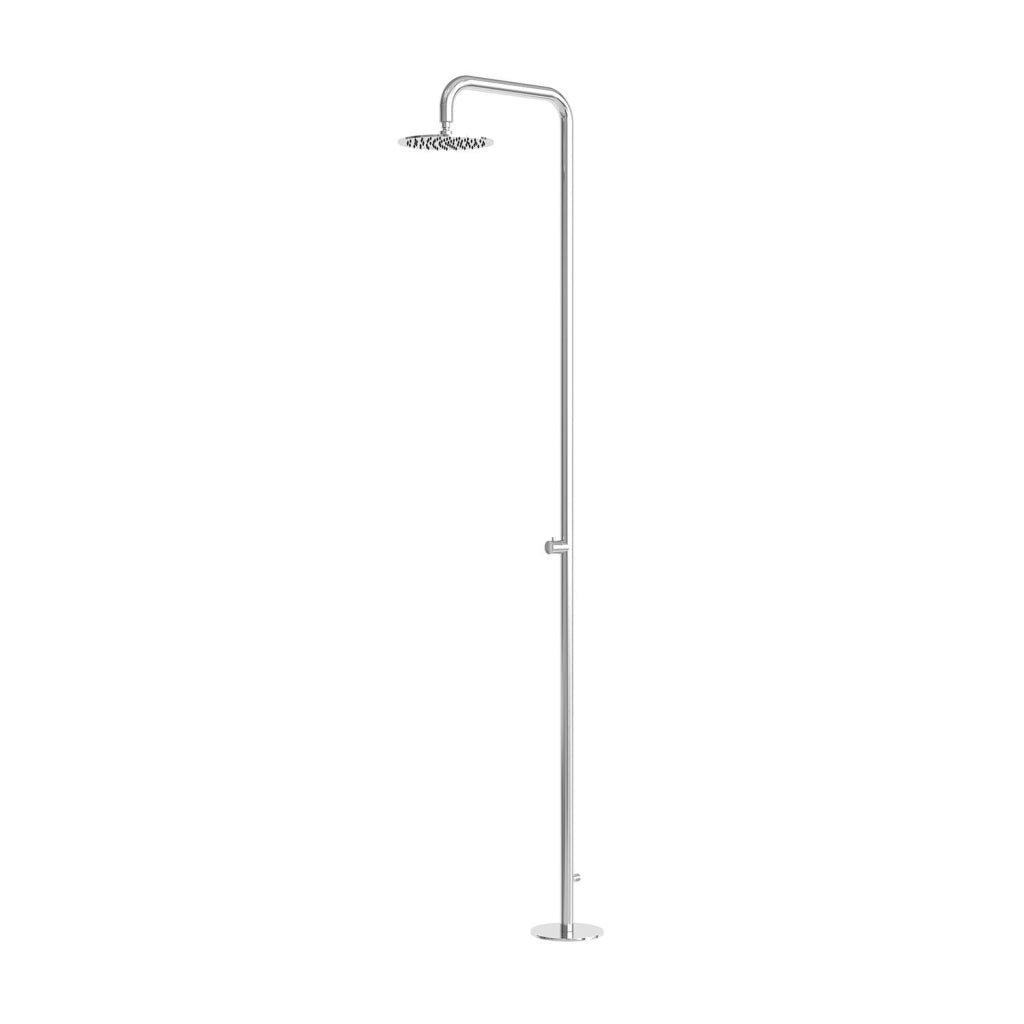 SINED Doccia esterna in acciaio inox AISI 316 colore inox satinato con soffione Ø 25 cm attacco posteriore ½ fissaggio a pavimento con 4 tasselli DOCCIA-NORA-INOX