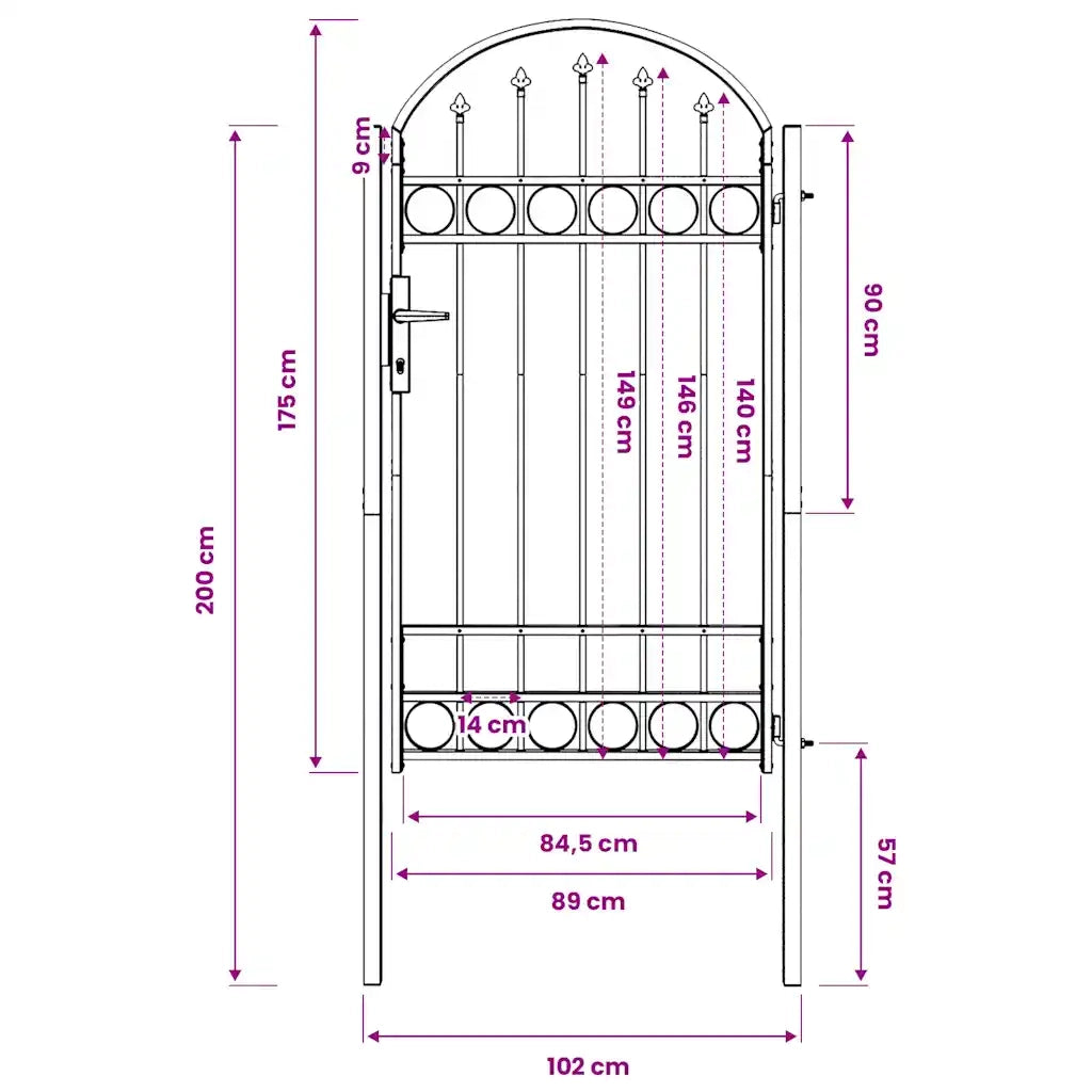 Cancello per recinzione Assen con parte superiore ad arco in acciaio 102x175 cm Nero 143087