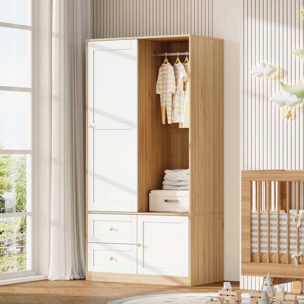 Armadio con porta scorrevole; 2 cassetti e ripiani; in MDF; bianco e legno; per camera da letto; 90×50×180 cm