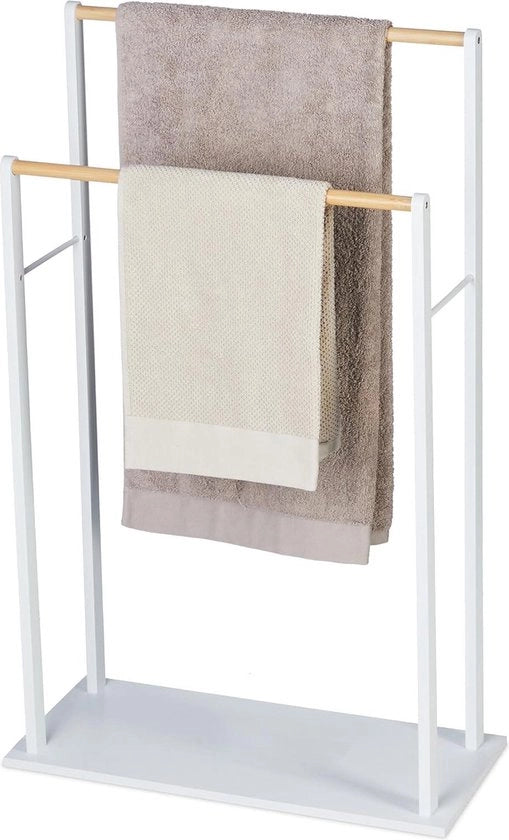 Supporto asciugamani 2 stanghe MDF e bambù - Supporto asciugamani libero stante bianco/natura - Dimensioni: ca. 915 x 57 x 25 cm scala asciugamani