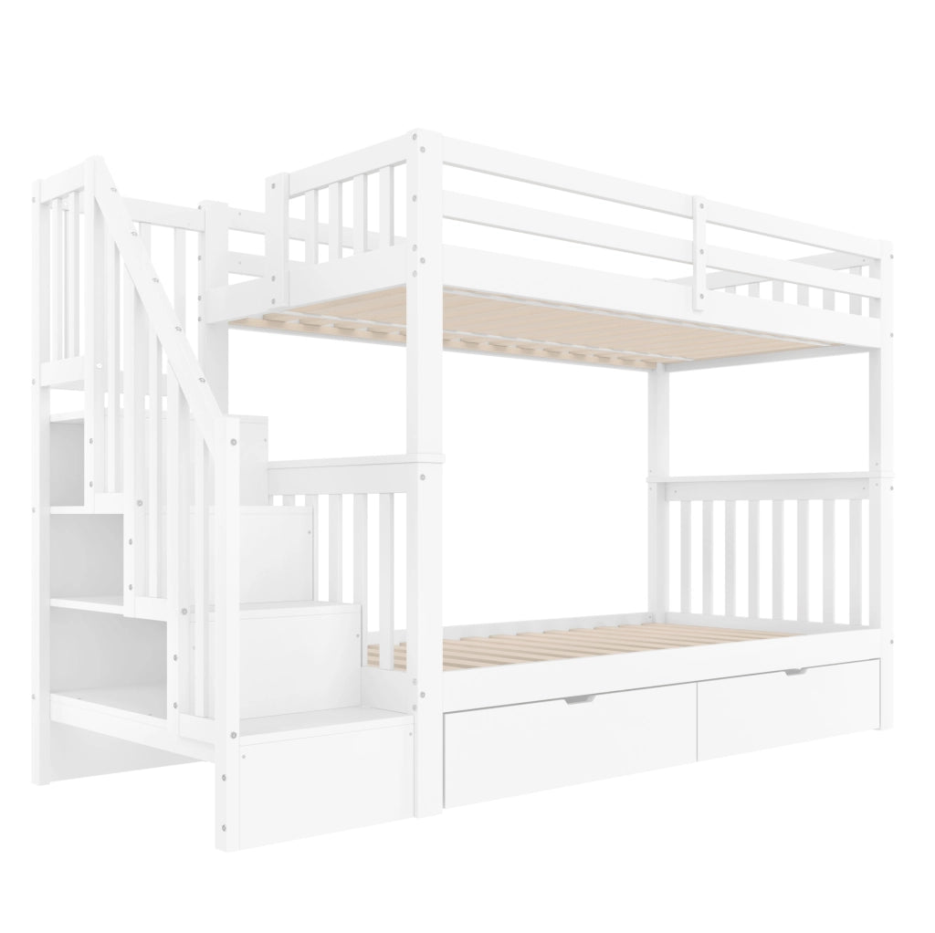 Letto a castello 90x200 cm con scala contenitore e 2 cassetti