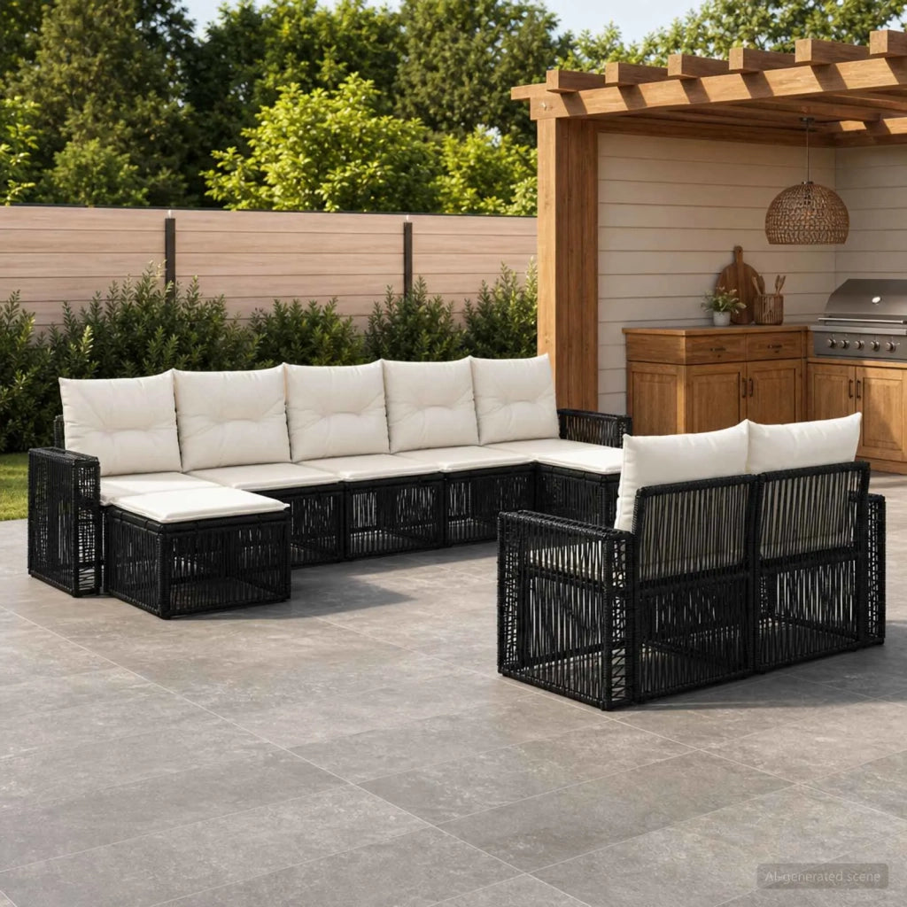 Set Divano da Giardino 9 pz Nero e Bianco Crema polyrattan 3435250