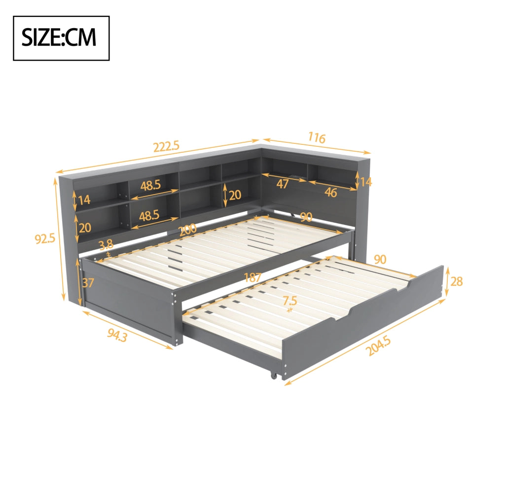 Letto multifunzione 90x200 con letto estraibile, USB e vani contenitore