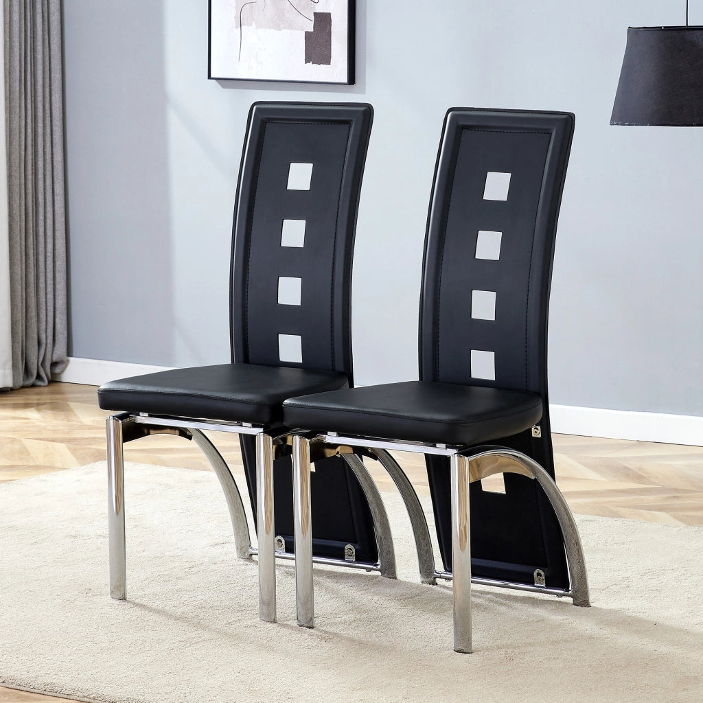 [Set di 2] Sedie da pranzo di design europeo con motivo traforato, in similpelle nera e gambe in metallo color argento, altezza 102,5 cm, ideali per s