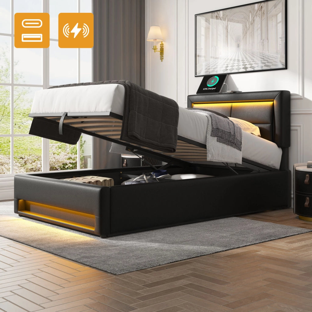 LETTO Imbottito 90x200 cm PU Nero con USB, LED e vano contenitore