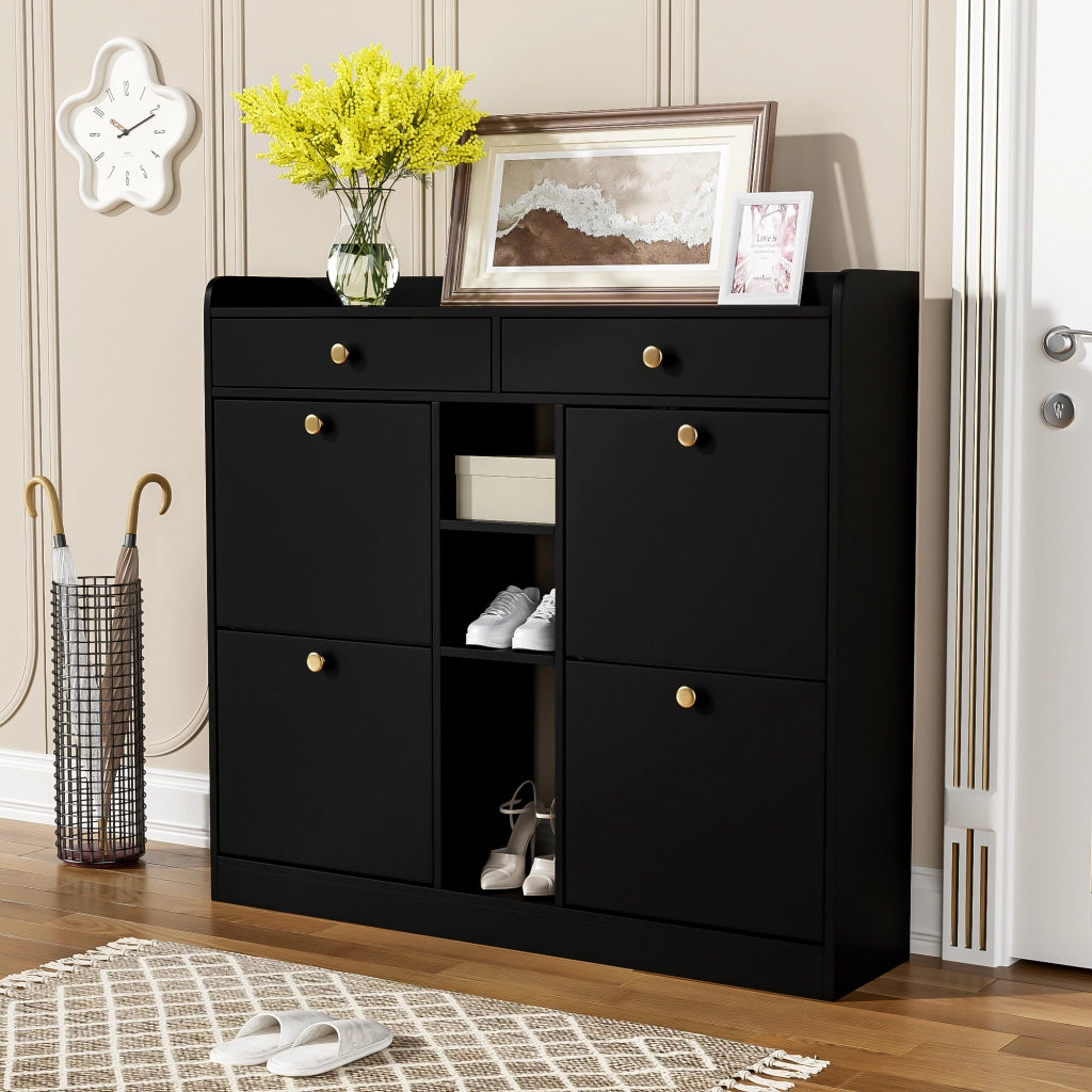Scarpiera Nera 110×26×100 cm con 4 Ante a Ribalta; 2 Cassetti e 3 Vani Aperti; Mobile Porta Scarpe Salvaspazio